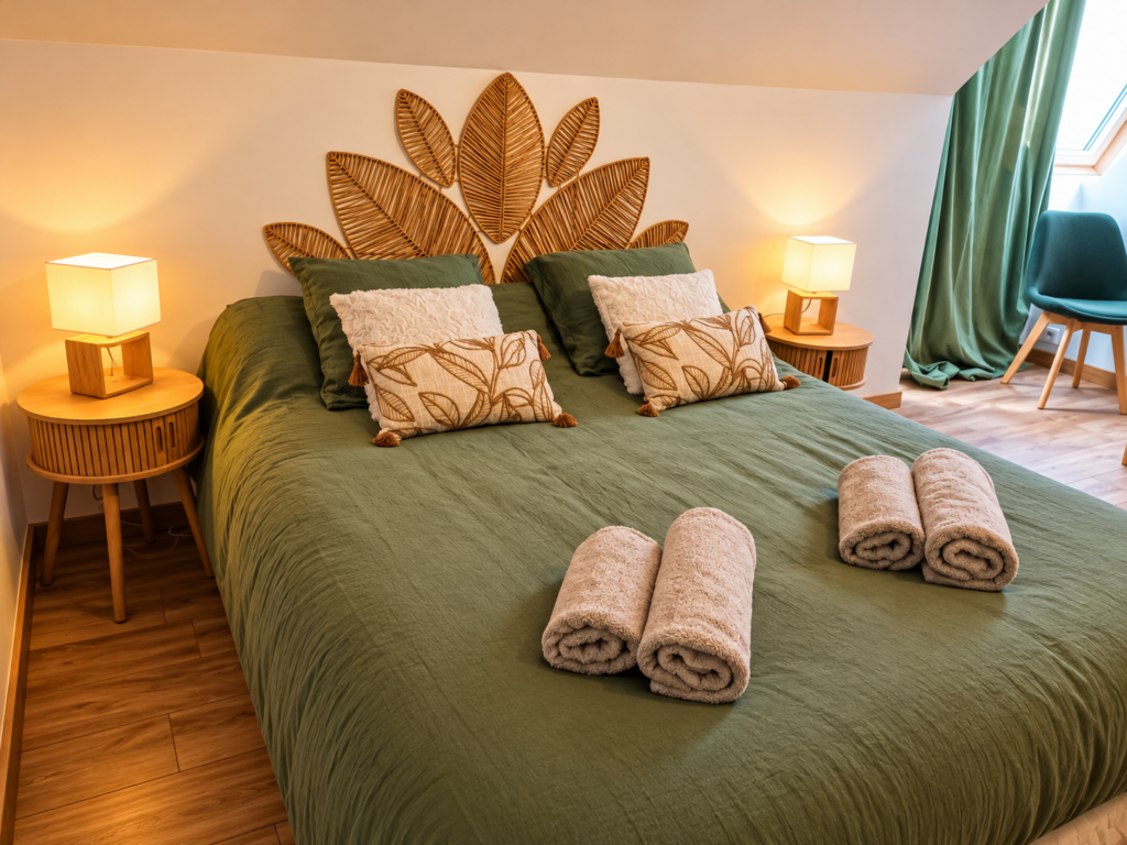 Chambre La Bohème au Bloemstraete avec lit double, décoration naturelle et tons vert sauge