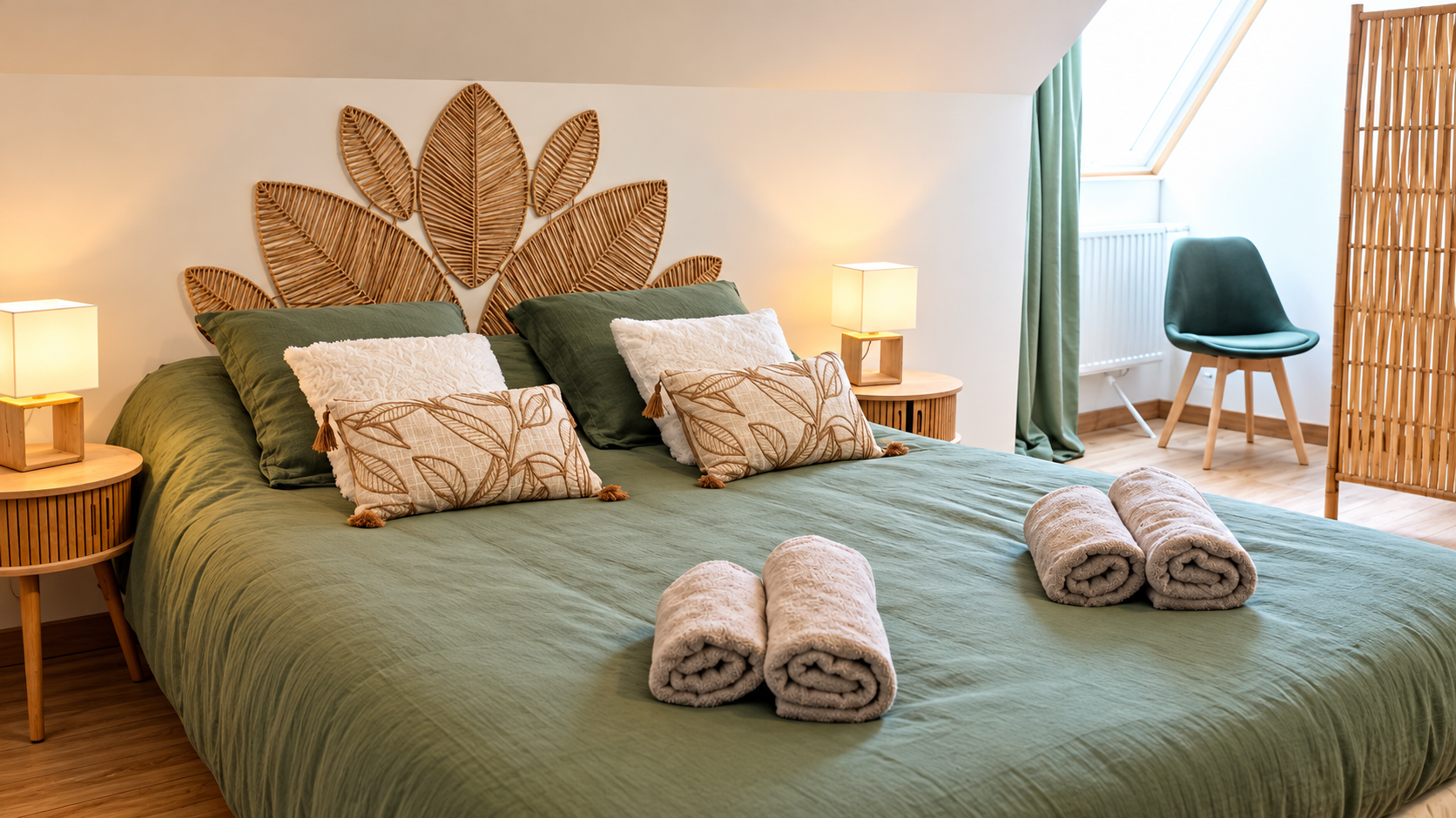 Chambre La Bohème au Bloemstraete avec lit double, décoration végétale et tons vert sauge