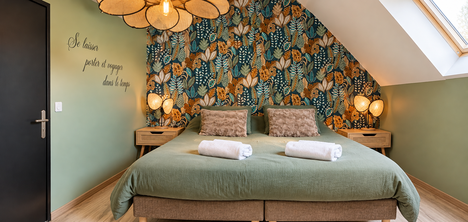 Chambre La Vintage au Bloemstraete avec lit double, décoration végétale et tons vert sauge