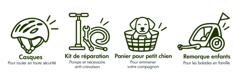 Casques, kit de réparation, panier pour petit chien et remorque enfants disponibles avec la location de vélos au Bloemstraete
